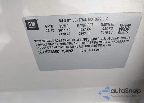 2013 Chevrolet Malibu 1Lt из США, поврежденный, VIN 1G11C5SA6DF154092